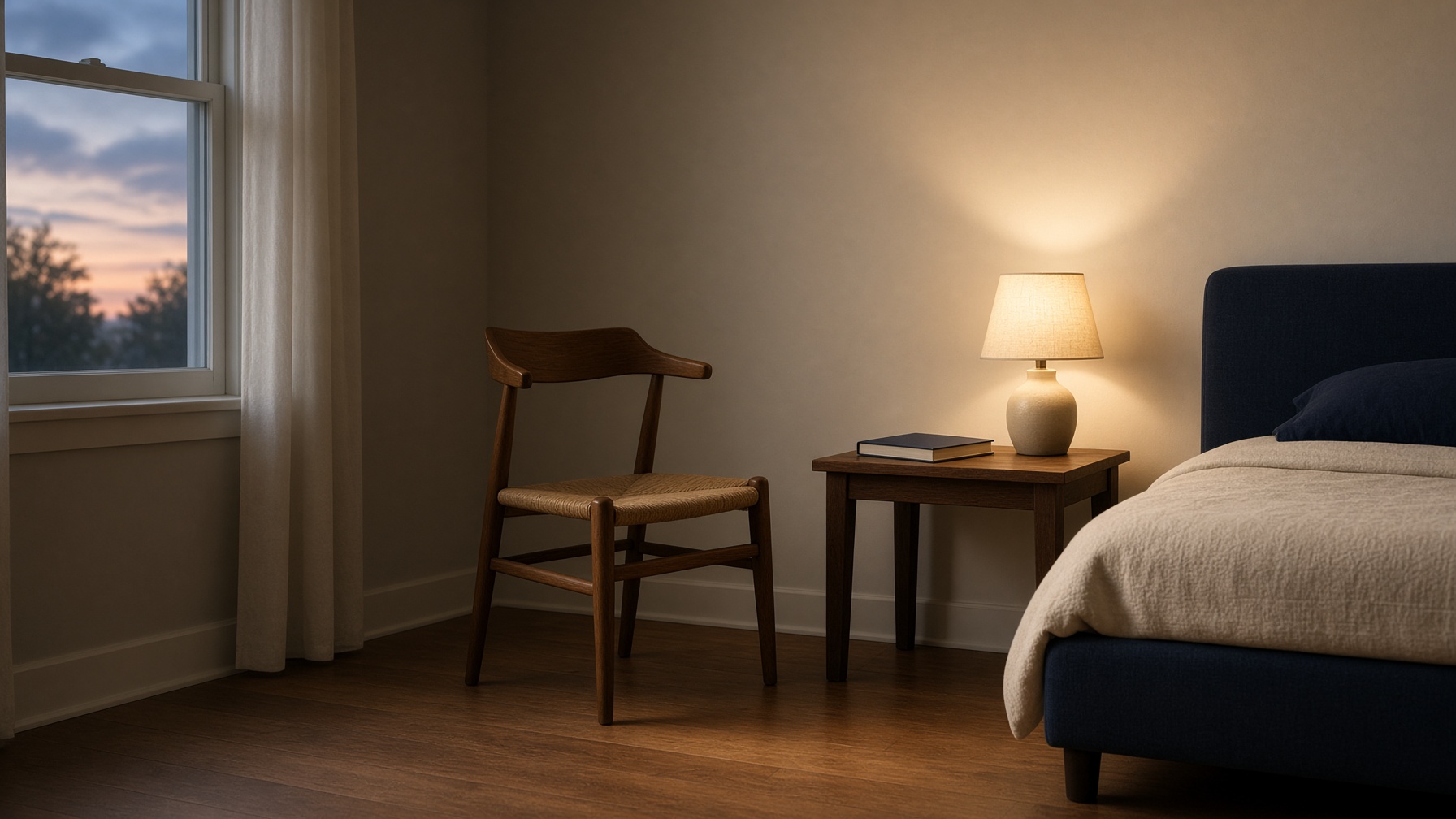 Quiet empty room at dusk, a chair and a closed notebook