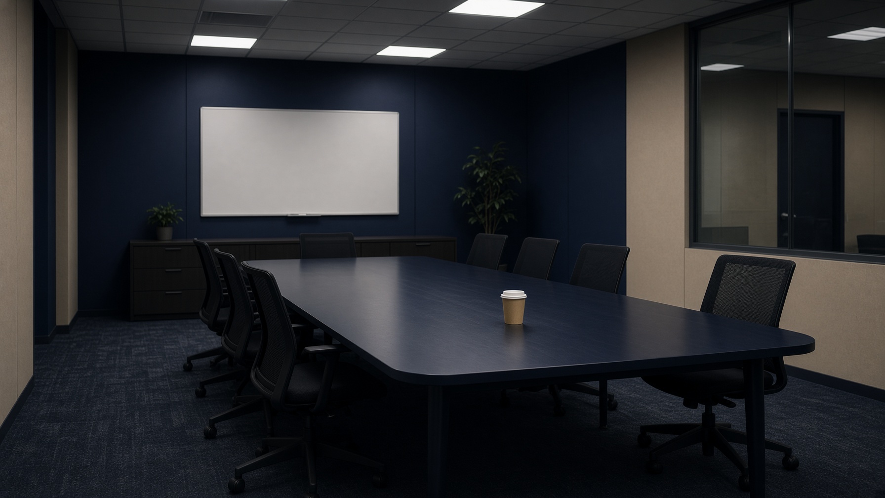 Empty conference table after hours, one chair pushed back, fluorescent lights still on