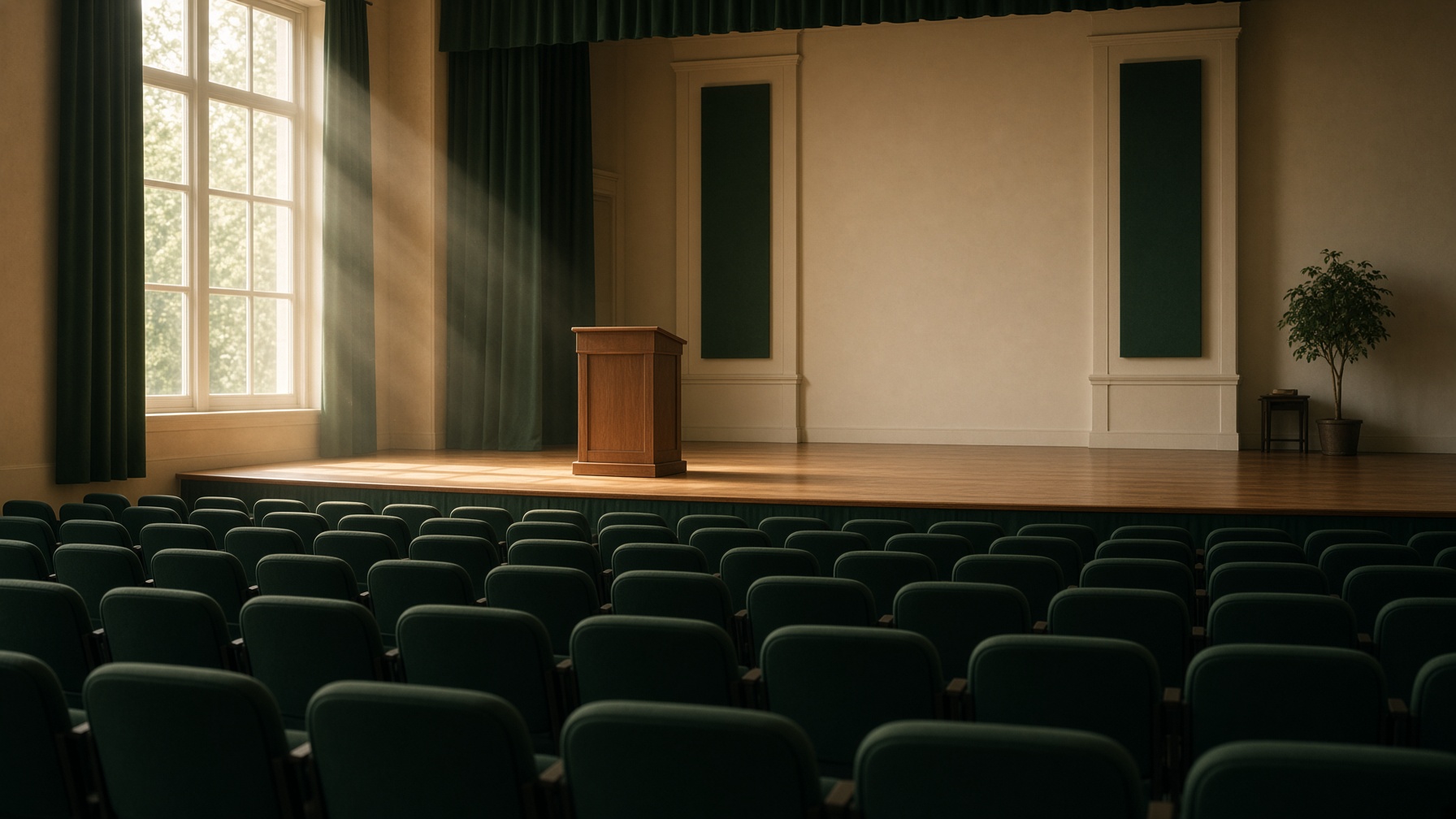 An empty school auditorium ready for a talk